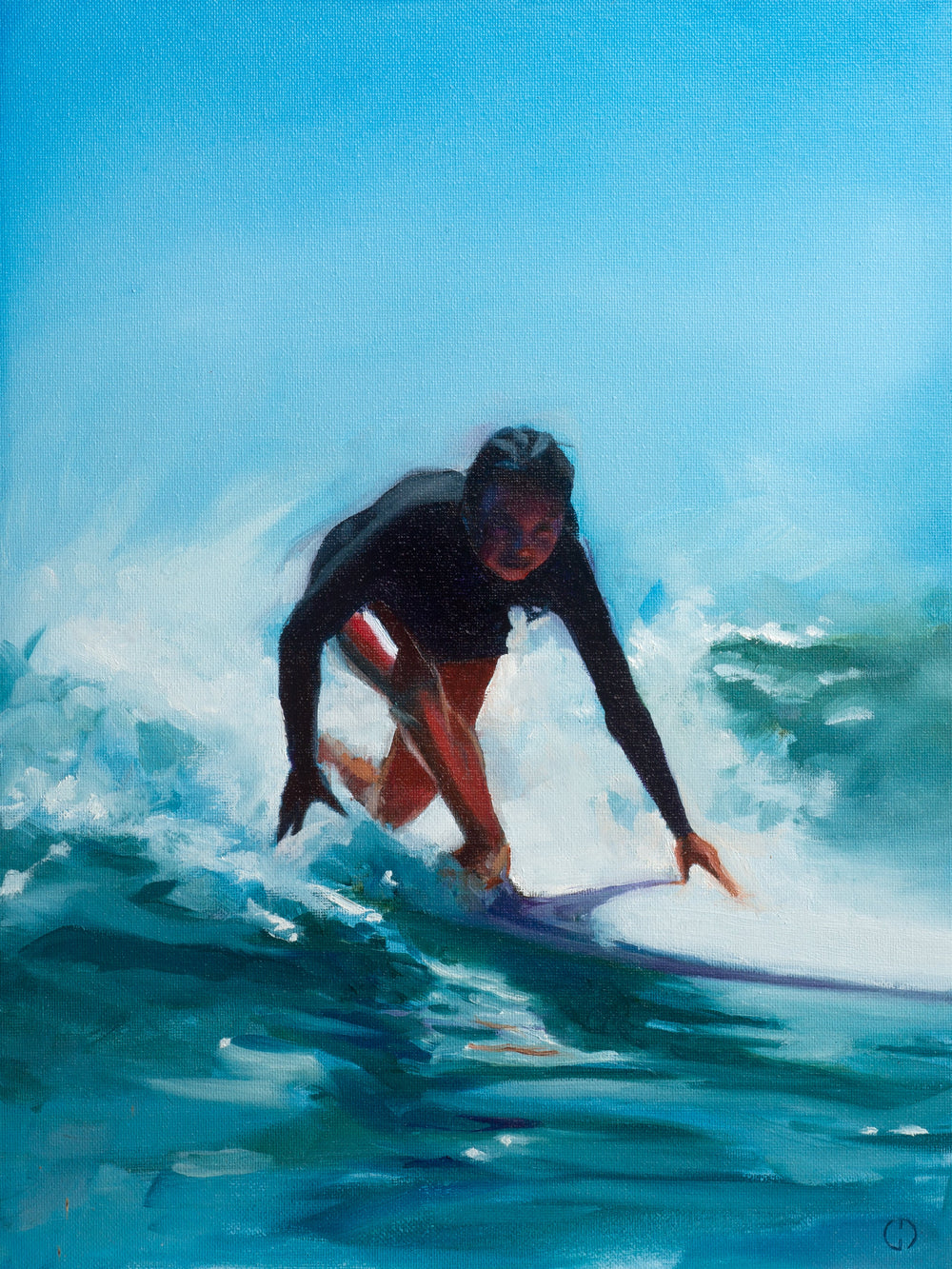 Laure Mayer, peinture à l’huile de Guillaume Denoun : surfeuse penchée sur sa planche dans une vague bleue