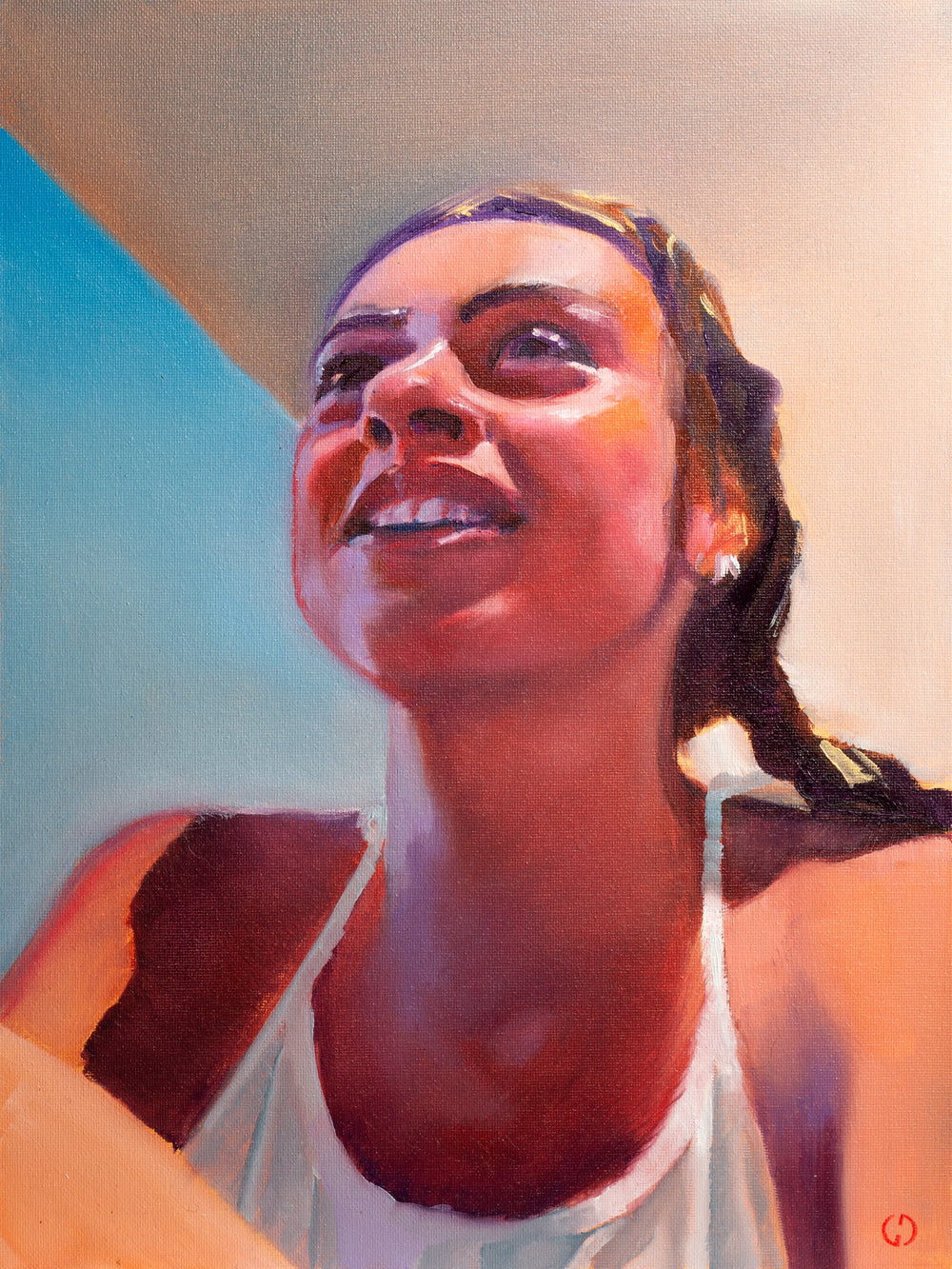 Emma Bojan, peinture à l’huile de Guillaume Denoun : portrait souriant vu en contre-plongée dans une lumière chaude