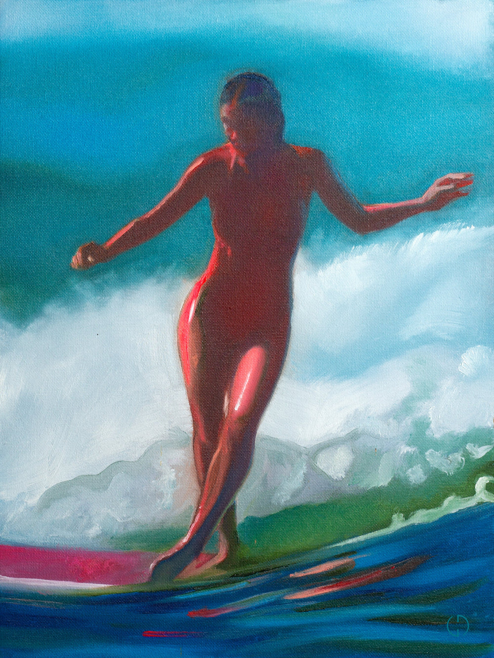 Shaley Mercado #2, peinture à l’huile de Guillaume Denoun : surfeuse debout en maillot rouge devant une vague turquoise
